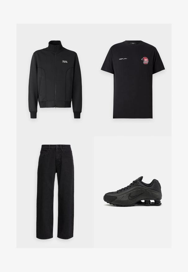 Chaqueta negra con cremallera, fabricada en un tejido suave y elástico. Cuenta con un collar alto, bolsillos laterales y un pequeño logo blanco en el pecho.; Replay SHORT SLEEVE GRAPHIC - Camiseta estampada - black; Pantalones de mezclilla anchos negros con cintura alta, que cuentan con cinco bolsillos y un cierre de botón. La tela tiene una textura suave y un ligero estiramiento.; Zapatillas de running negras con un upper sintético liso, detalles perforados, paneles laterales texturizados y una suela distintiva y elástica.