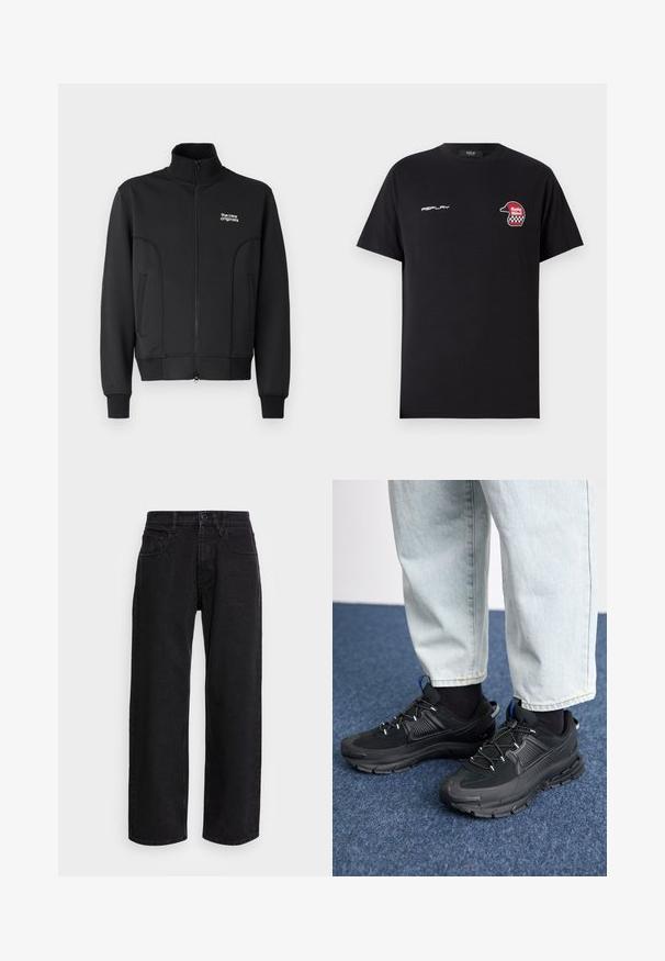 Zwarte zip-up jas van gladde, rekbare stof. Heeft een hoge kraag, zijzakken en een klein wit logo op de borst.; Replay SHORT SLEEVE GRAPHIC - T-shirt print - black; Zwarte denim wide-leg broek met een hoge taille, voorzien van vijf zakken en een knoopsluiting. Stof heeft een zachte textuur en een lichte rek.; Zwarte sportschoenen met gestructureerde stof en rubberen zolen, met elastische veters en een blauwe accent op de hiel. Draag samen met lichte spijkerbroeken.