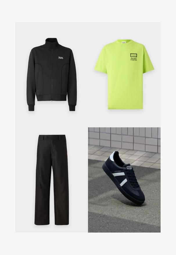 Sort lynlåsjakke lavet af glat, strækbart stof. Har høj krave, sidelommer og et lille hvidt logo på brystet.; Limegrøn bomulds t-shirt med rund hals, korte ærmer og et sort grafisk tryk på venstre bryst med teksten "the new originals."; Sorte bukser med bred benvidde lavet af glat stof, med flad front, bæltestropper og to sidelommer. Rød logoaccent på siden.; Sort lædersneaker med hvide striber, tekstureret gummisål og snørrebånd foran. Har et brandet mærke på tungen.