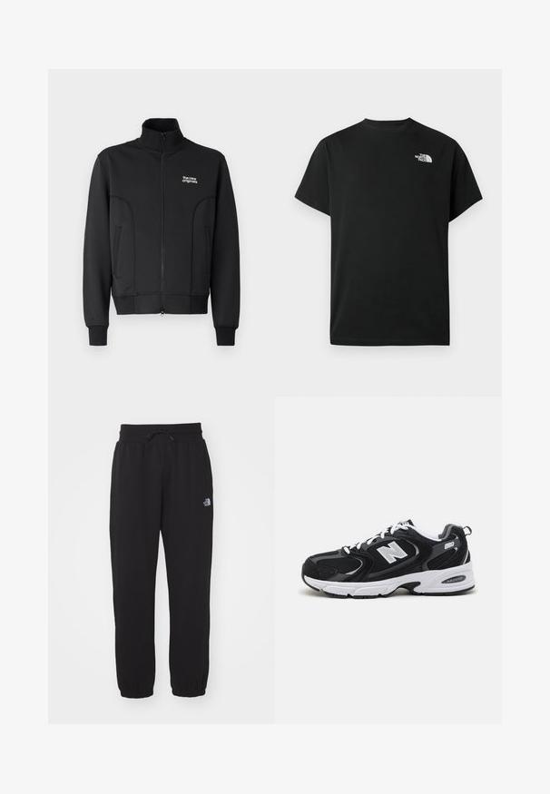 Schwarze Zip-Jacke aus glattem, dehnbarem Stoff. Sie hat einen hohen Kragen, seitliche Taschen und ein kleines weißes Logo auf der Brust.; Schwarzes kurzärmliges T-Shirt aus Baumwolle. Mit einem weißen Logo auf der linken Brust. Einfacher Schnitt mit rundem Ausschnitt und minimalen Designdetails.; Schwarze Jogginghose aus weichem Stoff, mit einem elastischen Bund und Kordelzug, Bündchen an den Knöcheln und einem kleinen Logo am Oberschenkel.; Schwarze und graue Sportschuhe mit Obermaterial aus Mesh und Wildleder, ausgestattet mit einer weißen Zwischensohle, Schnürsenkeln und einem markanten "N"-Logo an der Seite.