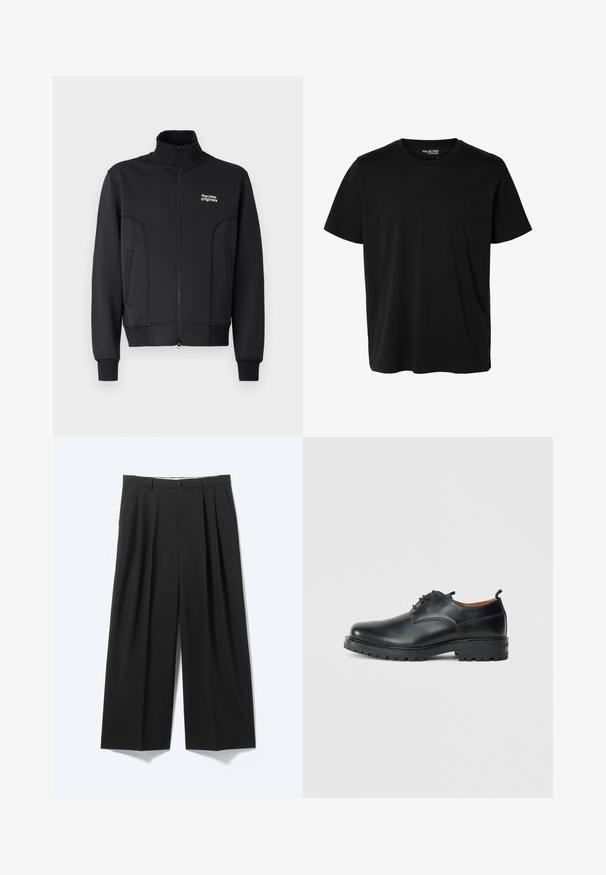 Zwarte zip-up jas van gladde, rekbare stof. Heeft een hoge kraag, zijzakken en een klein wit logo op de borst.; Effen zwarte korte mouwen t-shirt met ronde hals in mannenmodel, zonder zichtbare patronen of logo's aan de voorkant.; Zwarte wijde broek met voorplooien, riemlussen en knoopsluiting, weergegeven op een effen lichte achtergrond.; Zwarte leren derby schoenen met een gladde textuur, ronde neus, vetersluiting en een dikke, robuuste rubberen zool.