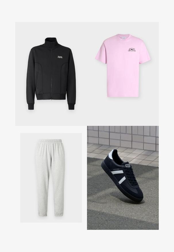 Sort lynlåsjakke lavet af glat, strækbart stof. Har høj krave, sidelommer og et lille hvidt logo på brystet.; Lyserød T-shirt med rund hals og korte ærmer med lille sort Lacoste-logo på venstre bryst.; Lysegrå, lange sweatpants med elastisk taljebånd og ankelmanchetter, vist på en ensfarvet lys baggrund.; Sort lædersneaker med hvide striber, tekstureret gummisål og snørrebånd foran. Har et brandet mærke på tungen.