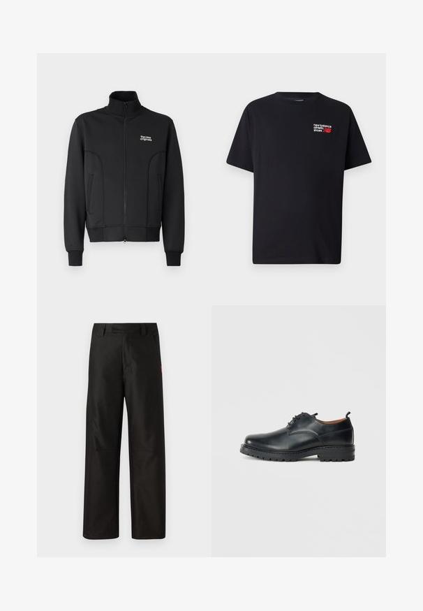 Schwarze Zip-Jacke aus glattem, dehnbarem Stoff. Sie hat einen hohen Kragen, seitliche Taschen und ein kleines weißes Logo auf der Brust.; Schwarzes Baumwoll-T-Shirt mit Rundhalsausschnitt. Verfügt über ein kleines rotes und weißes "New Balance"-Logo und Text im oberen linken Brustbereich.; Schwarze, weit geschnittene Hose aus glattem Stoff, mit flachem Bund, Gürtelschlaufen und zwei seitlichen Taschen. Rotes Markenlogo als Akzent an der Seite.; Schwarze Leder Derby-Schuhe mit glatter Textur, runder Zehenform, Schnürdesign und einer dicken, robusten Gummisohle.