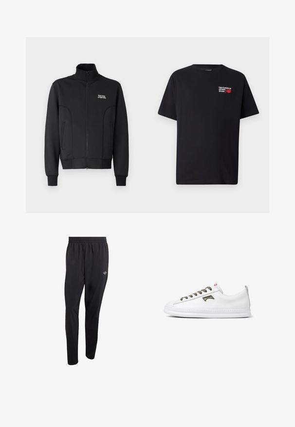Chaqueta negra con cremallera, fabricada en un tejido suave y elástico. Cuenta con un collar alto, bolsillos laterales y un pequeño logo blanco en el pecho.; Camiseta de algodón negra con cuello redondo. Presenta un pequeño logo y texto en rojo y blanco de "New Balance" en la parte superior izquierda del pecho.; Pantalones deportivos negros hechos de material ligero, con una cintura elástica y un pequeño logo en relieve en la parte superior del muslo izquierdo.; Zapatillas de cuero blanco con cordones verde oliva, punta redonda, detalle de logo sutil en el lateral y suela de goma blanca. Diseño minimalista.