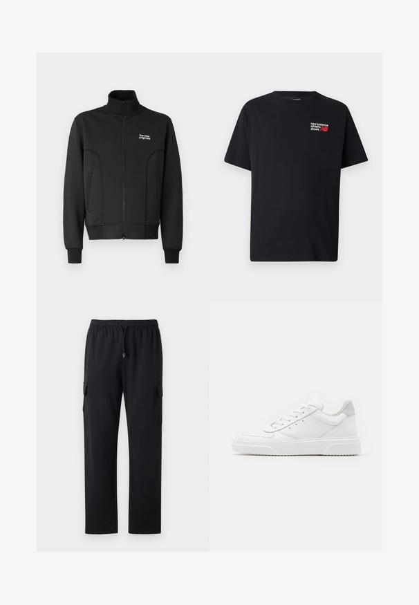 Sort lynlåsjakke lavet af glat, strækbart stof. Har høj krave, sidelommer og et lille hvidt logo på brystet.; Sort bomulds T-shirt med rund halsudskæring. Har et lille rødt og hvidt "New Balance" logo og tekst på den øverste venstre brystområde.; Sorte cargo bukser med en afslappet pasform, elastisk talje og snøre. Har to sidelommer til opbevaring. Blødt stof.; Hvide lædersneakers med en glat finish, rund tå, flade snørebånd og en struktureret sål. Grå ruskindsdetalje ved hælen.