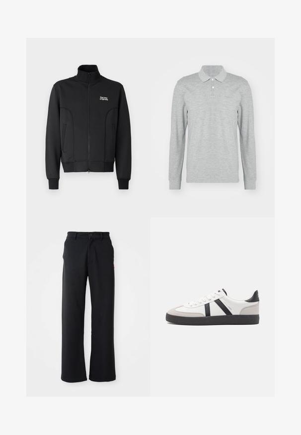Zwarte zip-up jas van gladde, rekbare stof. Heeft een hoge kraag, zijzakken en een klein wit logo op de borst.; Grijze long-sleeve polo shirt gemaakt van zachte stof; heeft een kraag, drie knopen en een subtiele geborduurde logo op de borst.; Zwarte rechte broek met knoop- en ritssluiting, riemlussen en zijzakken, weergegeven tegen een witte achtergrond.; Witte sneaker met zwarte en grijze accenten, voorzien van een grijze neus met textuur, zwarte rubberen zool en platte witte veters. Schoon ontwerp, minimalistische stijl.