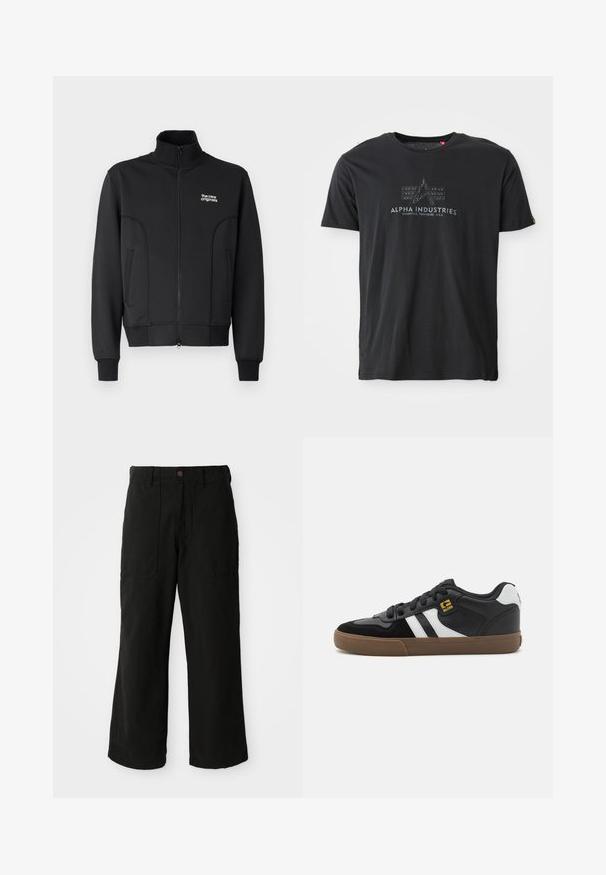 Sort lynlåsjakke lavet af glat, strækbart stof. Har høj krave, sidelommer og et lille hvidt logo på brystet.; Sort bomuld crew neck t-shirt med en tekstureret logo-print med ordene "ALPHA INDUSTRIES" og et trekantet design i midten.; Sorte vide benbukser lavet af blødt stof, med frontlommer og en knaplukning i taljen. Minimalistisk design uden synlige mønstre.; Sorte og hvide sneakers med overdel i ruskind og læder, der har hvide striber, sorte snørebånd og en brun gummisål. Guld logo detaljer.