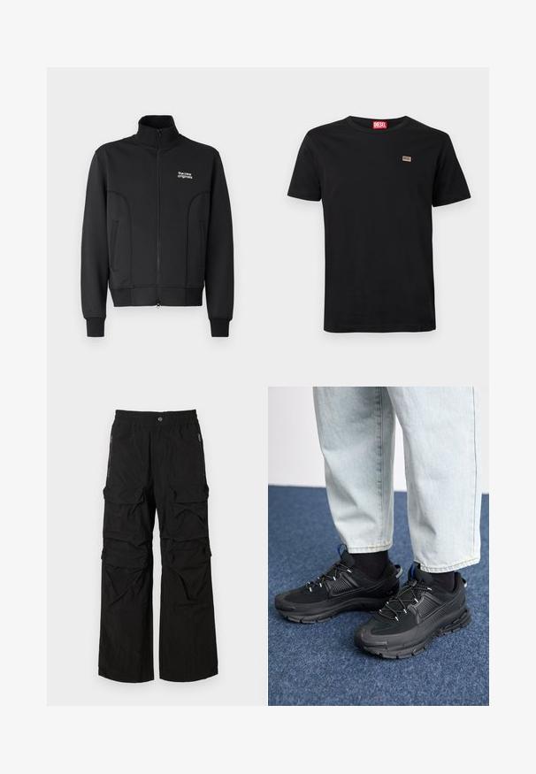Schwarze Zip-Jacke aus glattem, dehnbarem Stoff. Sie hat einen hohen Kragen, seitliche Taschen und ein kleines weißes Logo auf der Brust.; Schwarzes kurzärmeliges T-Shirt aus Baumwolle mit Rundhalsausschnitt. Verfügt über einen kleinen Markenaufnäher auf der linken Brust.; Schwarze Cargo-Hosen mit elastischem Bund, mehreren großen Taschen und seitlichen Reißverschlusstaschen. Aus leichtem, strukturiertem Stoff hergestellt.; Schwarze Sportschuhe aus strukturiertem Stoff mit Gummisohlen, ausgestattet mit elastischen Schnürsenkeln und einem blauen Akzent an der Ferse. Getragen mit hellen Jeans.