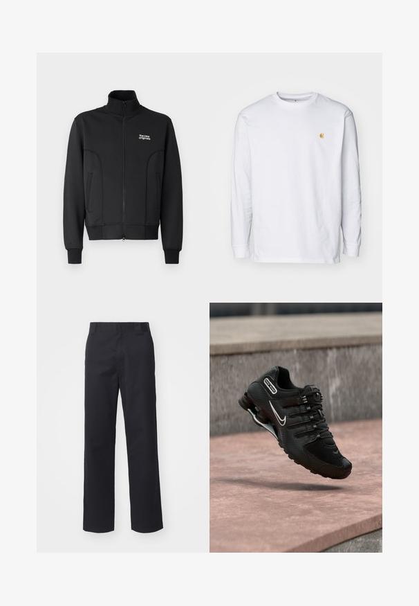 Chaqueta negra con cremallera, fabricada en un tejido suave y elástico. Cuenta con un collar alto, bolsillos laterales y un pequeño logo blanco en el pecho.; Camiseta de manga larga blanca de algodón. Cuenta con un pequeño logo dorado en el pecho y un cuello redondo. Diseño simple y corte estándar.; Pantalones rectos negros hechos de una mezcla de algodón. Cuentan con una cintura plana con presillas para cinturón y sin hardware o adornos visibles.; Zapatilla de running Nike Shox negra con logo Swoosh blanco, en el aire sobre una superficie de hormigón rosada frente a una pared de piedra gris.