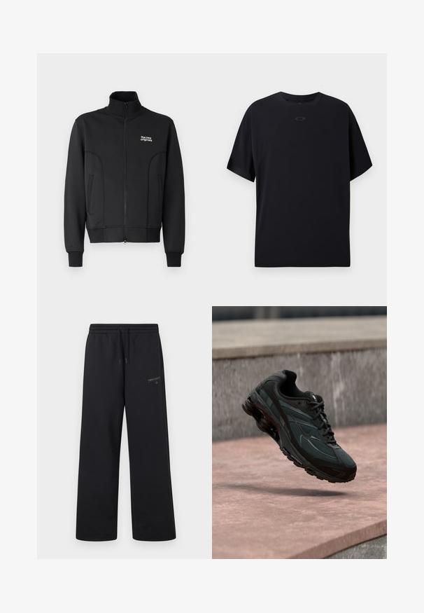 Sort lynlåsjakke lavet af glat, strækbart stof. Har høj krave, sidelommer og et lille hvidt logo på brystet.; Sort kortærmet T-shirt lavet af letvægtsstof, med rund hals, raglanærmer og et diskret logo på brystet.; Sorte New Balance joggingbukser med elastisk talje, snøre og lille logo på den øverste venstre lår.; Sort atletisk sneaker med synligt luftdæmpende mellemsål, der svæver over en pink stenoverflade med en grå stenvæg i baggrunden.