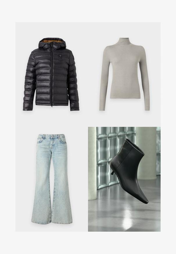 Doudoune noire avec capuche, présentant un design matelassé, une fermeture éclair avant et une doublure marron contrastante. Comprend un logo sur la poitrine.; Pull à col roulé côtelé gris clair avec des manches longues. Texture douce, design ajusté, doté d'un col haut et d'une finition sans couture.; Jeans évasés bleu clair en denim, avec une taille haute, des poches et des ourlets effilochés. Le tissu présente un délavage usé et une texture subtile.; Bottine en cuir noir à bout pointu et petit talon kitten, présentée en angle devant un sol poli et un mur en blocs de verre.