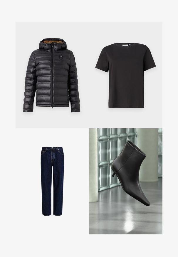 Doudoune noire avec capuche, présentant un design matelassé, une fermeture éclair avant et une doublure marron contrastante. Comprend un logo sur la poitrine.; T-shirt en coton noir à manches courtes, avec un col rond et un design simple et épuré. Pas de motifs ou d'ornements visibles.; Jeans en denim bleu foncé avec une coupe droite, dotés d'une taille haute, d'un style à cinq poches et de coutures contrastantes. Sans embellissements.; Bottine en cuir noir avec bout pointu et petit talon, présentée devant un mur en blocs de verre et un sol poli.