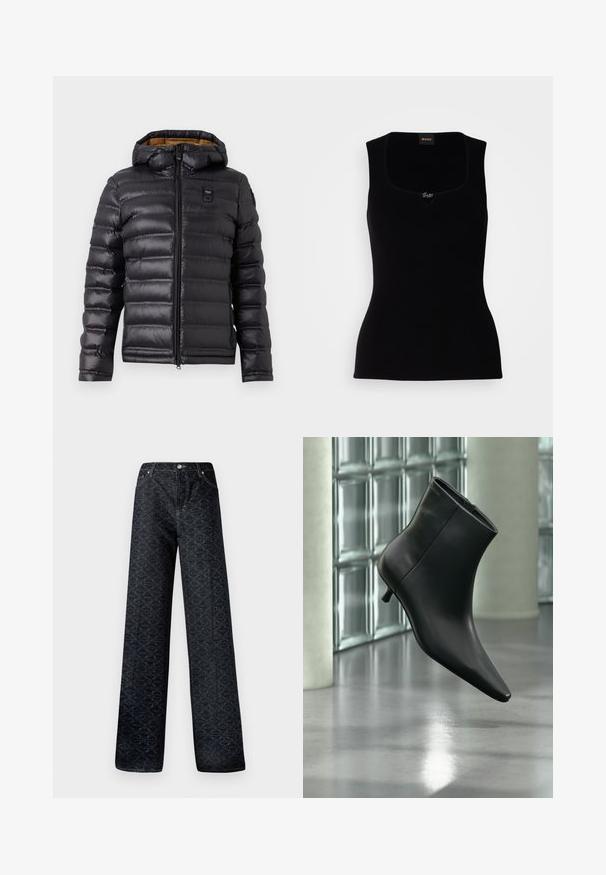 Doudoune noire avec capuche, présentant un design matelassé, une fermeture éclair avant et une doublure marron contrastante. Comprend un logo sur la poitrine.; Débardeur noir côtelé avec un décolleté carré, arborant un petit logo en accent au centre. Confectionné dans un matériau doux et texturé.; Jean large bleu foncé avec un motif géométrique, en denim. Présente un bouton en métal, une fermeture éclair et des coutures de poches avant.; Bottine en cuir noir à bout pointu et petit talon kitten, présentée en angle devant un sol poli et un mur en blocs de verre.