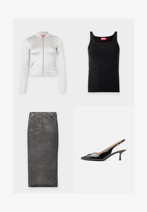 Veste zippée en satin blanc avec des manches longues, design ajusté, col côtelé et détail de logo rouge au niveau du cou. Texture lisse avec un reflet minimal.; Débardeur noir en tissu côtelé. Il présente un col rond, des bretelles larges et un petit écusson logo sur le devant. Aucun motif visible.; Jupe midi en denim gris avec des rayures verticales, présentant une taille haute, un design à cinq poches et un ourlet net.; Escarpin slingback en cuir verni noir avec bout pointu, petit talon kitten et bride à boucle argentée sur fond blanc uni.