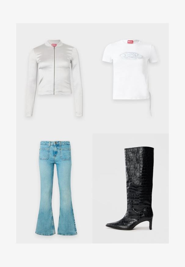 Veste zippée en satin blanc avec des manches longues, design ajusté, col côtelé et détail de logo rouge au niveau du cou. Texture lisse avec un reflet minimal.; T-shirt blanc à manches courtes en coton, présentant un logo discret embossé en bleu-gris sur la poitrine et un détail de cordon de serrage sur le côté.; Jeans évasés bleu clair en denim, avec une taille haute, cinq poches, une couture visible et une finition délavée.; Bottes noires montantes, avec une texture brillante à motif crocodile, bout pointu et talon effilé. Matériau synthétique lisse.