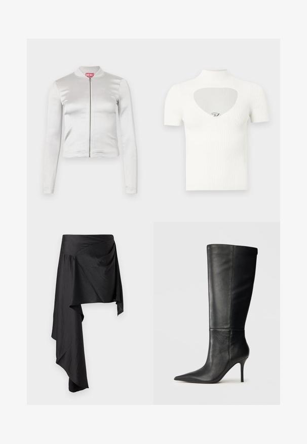 Witte satijnen zip-up jack met lange mouwen, getailleerd ontwerp, geribbelde kraag en rode logo-detail op de nek. Soepele textuur met minimale glans.; Witte geribde top met korte mouwen, een hoge kraag en een hartvormige uitsparing bij de borst, met een zilveren accentdetail in het midden.; Zwarte wikkelrok van soepele, lichtgewicht stof. Heeft een asymmetrische zoom en geplooide details bij de taille voor een vloeiende silhoeët.; Zwarte leren kniehoge laars met spitse neus en slanke stilettohak, gladde textuur, zijprofiel op neutrale achtergrond.