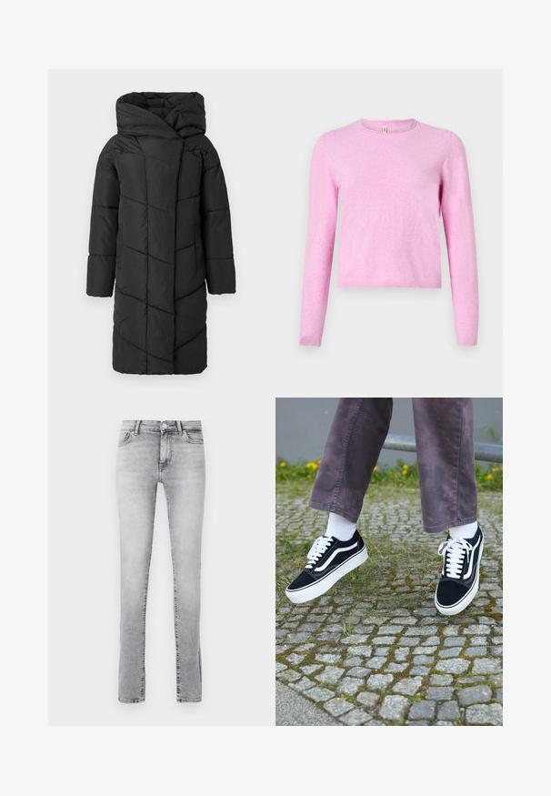 Schwarze Steppjacke mit großer Kapuze, diagonal gestepptem Muster, langen Ärmeln und gerader Schnitt, der bis über die Knie reicht.; Rosa Pullover mit langen Ärmeln aus weichem, leichtem Strick. Verfügt über einen runden Ausschnitt und einen gerippten Saum. Einfaches Design ohne Muster oder Verzierungen.; Schlanke Jeans in hellem grauem Denim. Verfügt über das klassische Fünf-Taschen-Design, einen Frontknopfverschluss und dezente Ausbleichungen für mehr Textur.; Schwarze Wildleder-Sneaker mit weißen Akzenten, runder Zehenform, dicker weißer Sohle und klassischem Schnürdesign, getragen mit weißen Socken und lila Hose.