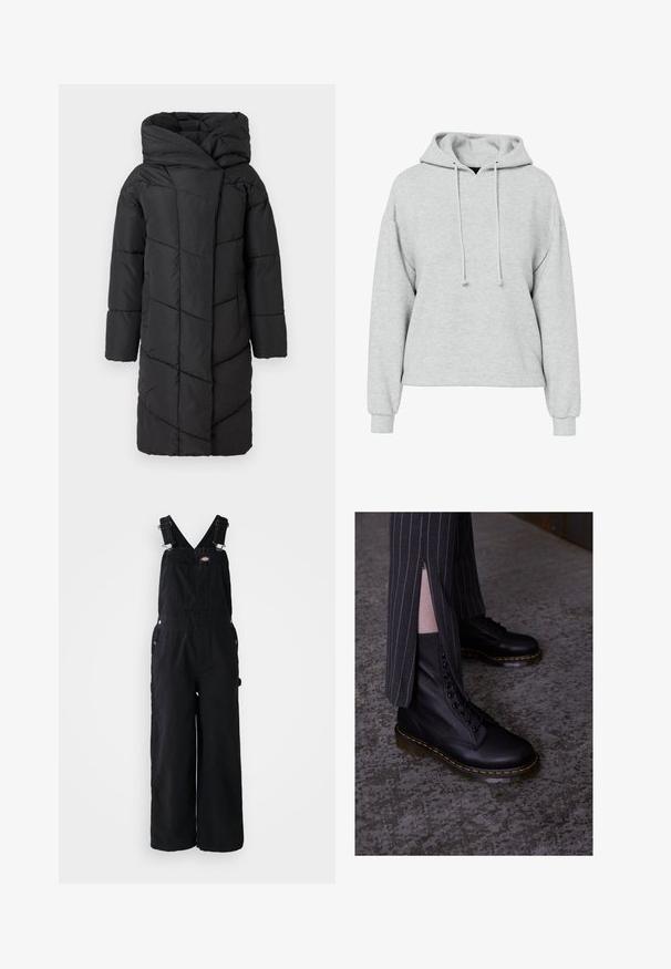 Schwarze Steppjacke mit großer Kapuze, diagonal gestepptem Muster, langen Ärmeln und gerader Schnitt, der bis über die Knie reicht.; Grauer Kapuzenpullover mit weitem Schnitt, langen Ärmeln und Kordelzug an der Kapuze. Das Material wirkt weich mit einer dezenten Struktur und ohne sichtbare Muster oder Akzente.; Schwarze Denim-Latzhosen mit weitem Bein, verstellbaren Schulterriemen, Fronttasche und silbernen Hardware-Akzenten. Glatte Textur, minimalistisches Design.; Schwarze Leder-Schnürstiefel mit strukturiertem Finish, gelben Nähten und einer robusten, durchsichtigen Sohle. Kombiniert mit gestreiften Hosen mit Reißverschlüssen.