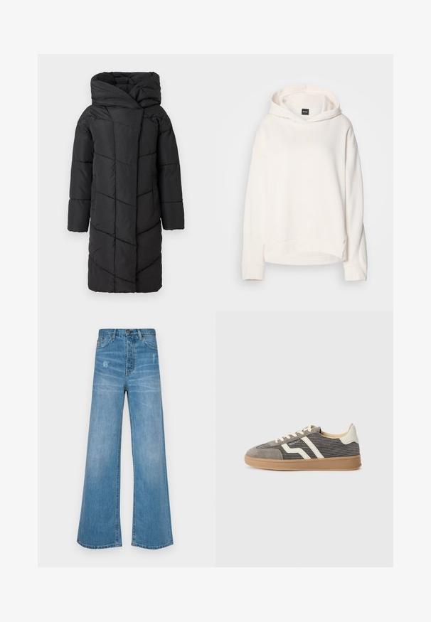 Sort puffjakke med en stor hætte, der har et diagonalt quiltet mønster, lange ærmer og en lige pasform, der strækker sig forbi knæene.; Cremefarvet hoodie lavet af blødt stof, med hætte der kan justeres med snøre, ribbede manchetter og et lille logo på forsiden. Afslappet pasform.; LOIS Jeans SKATER LOOSE - Jeans Relaxed Fit - stone; Grå ruskinds sneaker med struktureret overdel, der har crème striber og snørebånd, samt en gummigummi sål for godt greb. Klassisk atletisk design.
