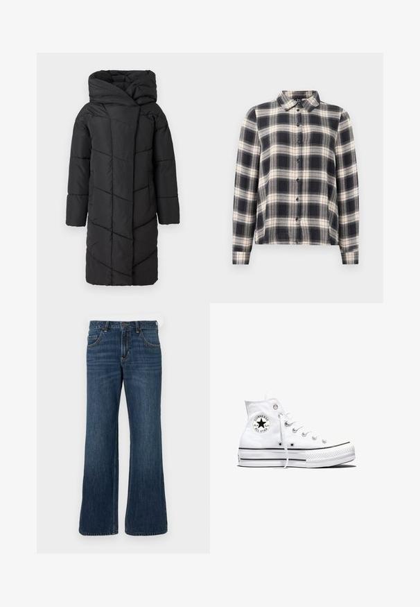 Sort puffjakke med en stor hætte, der har et diagonalt quiltet mønster, lange ærmer og en lige pasform, der strækker sig forbi knæene.; Langærmet ternet skjorte i navy, hvid og beige. Har standard krave, knaplukning fortil og blødt stof med ternet mønster.; Mørkeblå jeans med vide ben og klassisk design med fem lommer, der har knaplukning og diskret falming. Fremstillet af denimstof.; Hvid højtop Converse Chuck Taylor All Star-sneaker med sort logo-patch og hvide snørebånd, vist på hvid baggrund.