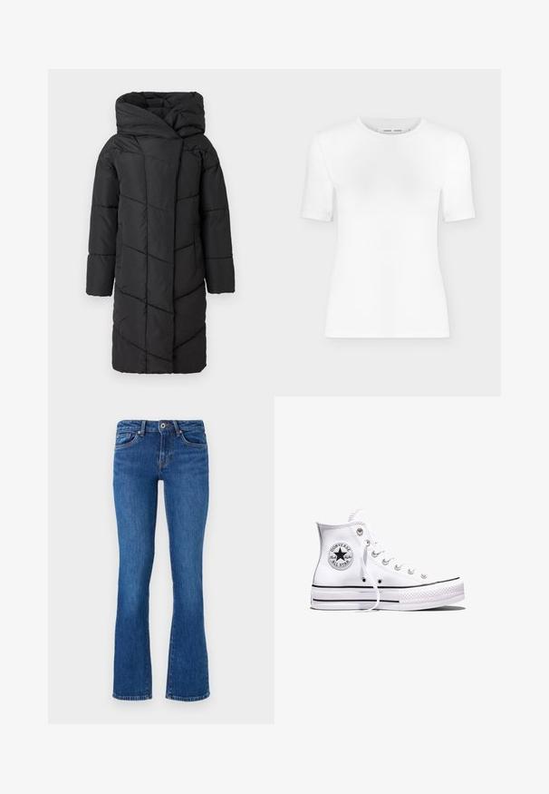 Schwarze Steppjacke mit großer Kapuze, diagonal gestepptem Muster, langen Ärmeln und gerader Schnitt, der bis über die Knie reicht.; Weißes T-Shirt mit kurzen Ärmeln und Rundhalsausschnitt, schlanker Passform und gerippter Stoffstruktur, dargestellt vor einem schlichten hellgrauen Hintergrund.; Ausgestellte Denim-Jeans in Mittelblau mit einer dezenten Textur. Verfügt über fünf Taschen, einen Reißverschluss vorne und kontrastierende Nähte entlang der Säume.; Weißer Converse Chuck Taylor All Star High-Top-Sneaker mit schwarzen Streifen und Logo-Patch an der Seite, präsentiert vor einem schlichten weißen Hintergrund.
