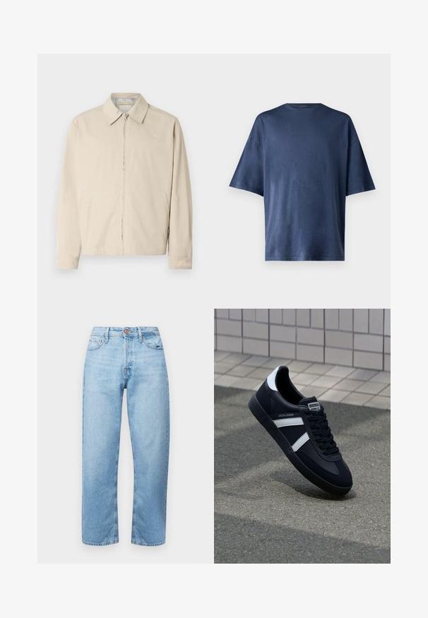 Veste légère beige avec un col pointu, fermeture éclair à l'avant et poches latérales. Texture lisse et design simple.; T-shirt navy bleu à manches courtes, fabriqué en tissu doux, présente un col rond classique et une coupe décontractée, sans motifs ni accents visibles.; Jean en denim bleu clair avec une coupe droite, design cinq poches et fermeture à bouton. Texture lisse et décoloration minimale avec des accents cousus.; Sneaker en cuir noir avec des rayures blanches, semelle en caoutchouc texturée et devant à lacets. Présente une étiquette de marque sur la languette.