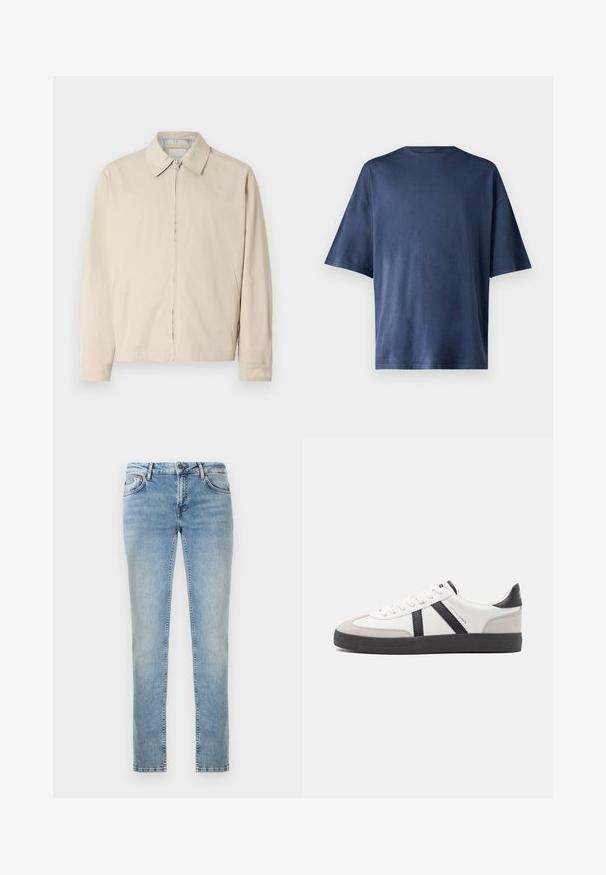 Veste légère beige avec un col pointu, fermeture éclair à l'avant et poches latérales. Texture lisse et design simple.; T-shirt navy bleu à manches courtes, fabriqué en tissu doux, présente un col rond classique et une coupe décontractée, sans motifs ni accents visibles.; Jean en denim bleu clair avec une coupe droite, présentant une finition délavée, des poches avant et des surpiqûres contrastées. Bords propres à l'ourlet.; Baskets blanches avec des accents noirs et gris, présentant un embout texturé gris, une semelle en caoutchouc noir et des lacets plats blancs. Design épuré, style minimaliste.