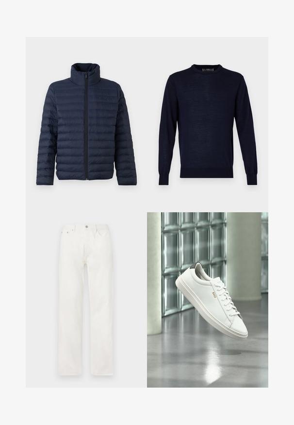 Calvin Klein CHANNELED PUFFER - Chaqueta de entretiempo - dark sapphire; Suéter de manga larga azul marino, hecho de una tela suave y ligera. Presenta un cuello redondo y puños y dobladillo acanalados. Diseño minimalista.; Vaqueros vaqueros blancos de corte recto con bolsillos delanteros, trabillas para el cinturón y cierre con botón en la cintura, mostrados sobre un fondo liso.; Zapatilla deportiva de piel blanca de corte bajo con cordones, lengüeta negra en el talón y logo "BOSS", flotando en interiores cerca de una pared de bloques de vidrio y suelo pulido.