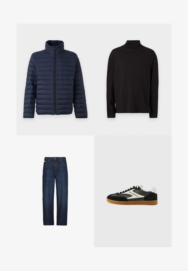 Calvin Klein CHANNELED PUFFER - Jas - dark sapphire; Zwarte turtleneck met lange mouwen, gemaakt van een zachte, gladde stof met een comfortabele pasvorm en zonder zichtbare patronen of accenten.; Donkerblauwe jeans met rechte pijpen, voorzakken, riemlussen, knoopsluiting en subtiel vervagen op de dijen.; Zwart-witte low-top sneakers van suède en leer, met een gumrubberen zool en een logo detail van "Karl Lagerfeld".
