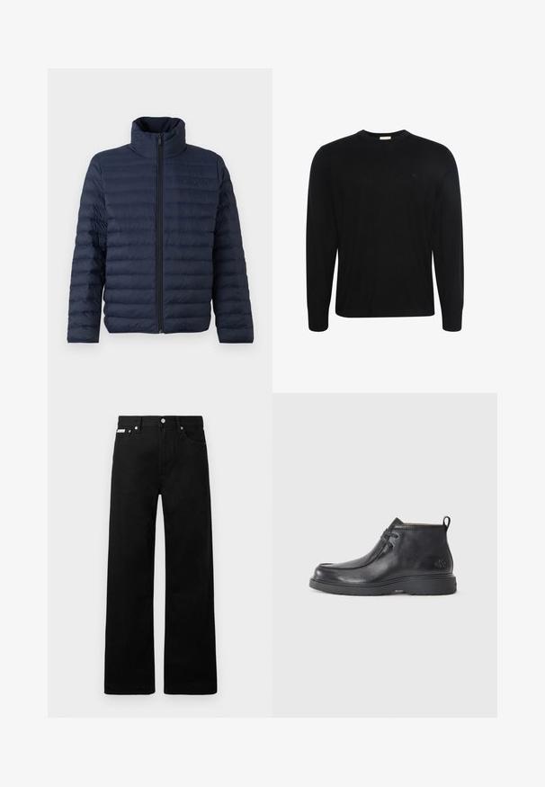 Calvin Klein CHANNELED PUFFER - Overgangsjakke - dark sapphire; Sort langærmet bluse med rund hals og subtilt tekstureret stof samt lille broderet logo på venstre bryst.; Sorte denimbukser med bred ben-design, der har fem lommer og metallisk knapdetalje. Glat tekstur, uden synlige mønstre.; Sorte læder ankelstøvler med rund tå, snørelukning og en løkke bagpå. Tekstureret overdel og gummisål.
