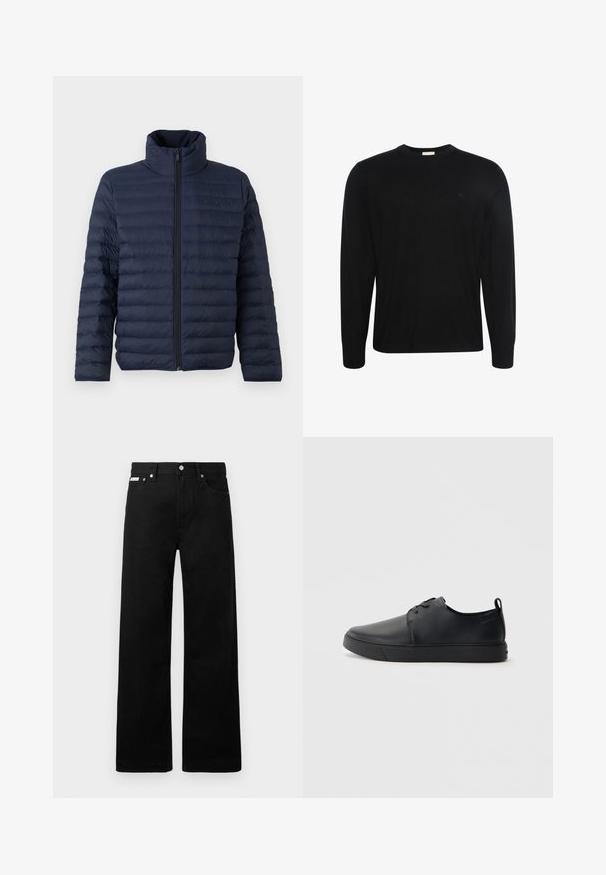 Calvin Klein CHANNELED PUFFER - Overgangsjakke - dark sapphire; Sort langærmet bluse med rund hals og subtilt tekstureret stof samt lille broderet logo på venstre bryst.; Sorte denimbukser med bred ben-design, der har fem lommer og metallisk knapdetalje. Glat tekstur, uden synlige mønstre.; Sorte lædersneakers med en glat finish, rund tå, tonalt syning, snøring foran og en flad gummisål. Løkke ved hælen.