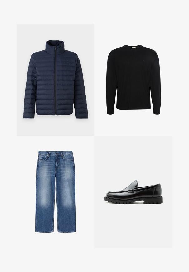 Calvin Klein CHANNELED PUFFER - Übergangsjacke - dark sapphire; Schwarzer Pullover mit langen Ärmeln und Rundhalsausschnitt, aus dezent strukturiertem Stoff mit kleinem gesticktem Logo auf der linken Brust.; Hellblaue, ausgewaschene Straight-Leg-Denim-Jeans mit fünf Taschen und Knopfverschluss, flach auf weißem Hintergrund dargestellt.; Schwarzer Lederloafer mit grober Gummisohle, genähter Oberseite und geprägtem Markennamen an der Ferse, seitlich auf weißem Hintergrund gezeigt.