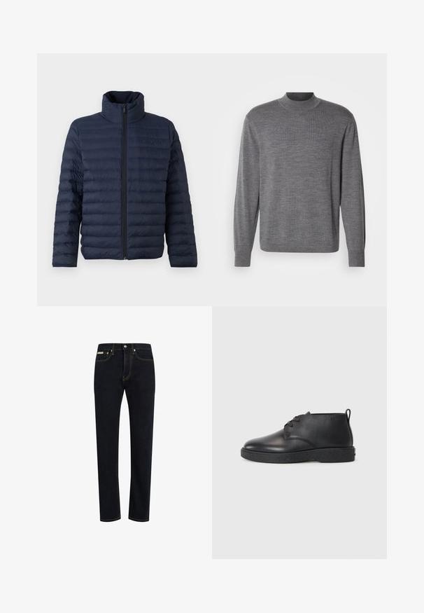 Calvin Klein CHANNELED PUFFER - Overgangsjakke - dark sapphire; Grå langærmet sweater lavet af strikket materiale, med en høj hals og et subtilt logo på brystet. Glat tekstur og tætsiddende design.; Mørkeblå denim jeans med lige pasform, synlig syning i en kontrastfarve af orange og et klassisk fem-lomme design.; Sorte læder ankelstøvler med glat tekstur, rund tå og sort gummisål. Har en snørelukning og en hælflap for nem påtagning.