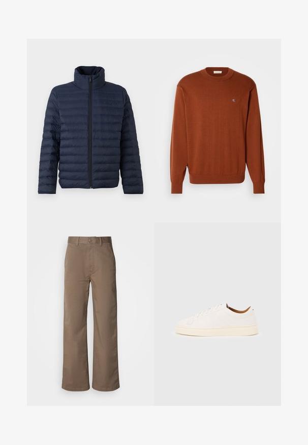 Calvin Klein CHANNELED PUFFER - Overgangsjakke - dark sapphire; Rustfarvet crewneck sweater i fint strik, med ribbede manchetter og kant, og med et lille blåt logo på brystet. Blød tekstur.; Beige brede benbukser lavet af blød bomuldsblanding, med knaplukning, bæltestropper og uden synlige mønstre. Glat tekstur.; Hvid lavtop-sneakers med snørelukning, minimale syningsdetaljer og en cremefarvet sål på en lysegrå baggrund.