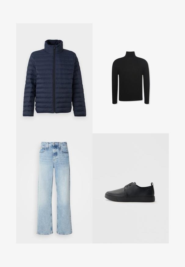 Calvin Klein CHANNELED PUFFER - Overgangsjakke - dark sapphire; Sort langærmet rullekravebluse med slank pasform og diskret logo på venstre brystområde, vist på hvid baggrund.; Lysblå vide jeans med høj talje, der har en falmet finish, bæltestropper og klassisk fem-lomme design. Kantene er rå.; Sorte lædersneakers med en glat finish, rund tå, tonalt syning, snøring foran og en flad gummisål. Løkke ved hælen.