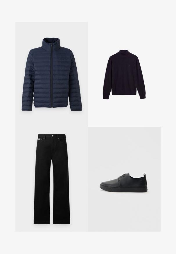 Calvin Klein CHANNELED PUFFER - Overgangsjakke - dark sapphire; Sort langærmet rullekravesweater med ribstrikket krave, manchetter og nederkant, der viser et lille broderet logo på øvre venstre bryst.; Sorte denimbukser med bred ben-design, der har fem lommer og metallisk knapdetalje. Glat tekstur, uden synlige mønstre.; Sorte lædersneakers med en glat finish, rund tå, tonalt syning, snøring foran og en flad gummisål. Løkke ved hælen.