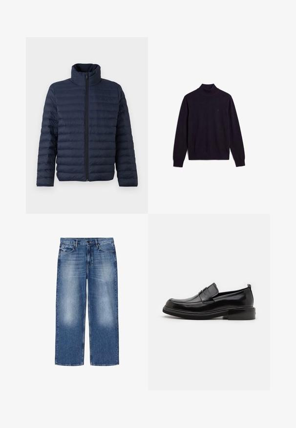 Calvin Klein CHANNELED PUFFER - Jas - dark sapphire; Zwarte coltrui met lange mouwen en geribde kraag, manchetten en zoom, met een klein geborduurd logo op de linker bovenborst.; Blauw vervaagde rechte spijkerbroek met vijf zakken en knoopsluiting, plat liggend afgebeeld op een witte achtergrond.; Calvin Klein MOCCASIN - Zakelijke loafers - black