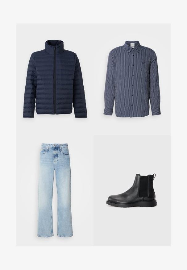 Calvin Klein CHANNELED PUFFER - Veste mi-saison - dark sapphire; Chemise bleue marine à boutons avec des rayures verticales blanches, manches longues, col pointu et logo brodé sur la poitrine.; Jean large bleu clair à taille haute, avec une finition délavée, des passants de ceinture et un design classique à cinq poches. L'ourlet est brut.; Bottes Chelsea en cuir noir avec une finition texturée, des panneaux latéraux élastiques et une semelle en caoutchouc robuste. Branding subtil sur le talon.