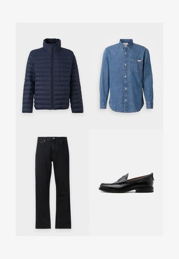 Calvin Klein CHANNELED PUFFER - Jas - dark sapphire; Denim overhemd in medium blauw met een button-down kraag, lange mouwen, een borstzak en witte knopen. Heeft een licht afgeronde zoom.; Zwarte denim jeans met een rechte pijpdesign, voorzien van een knoopsluiting, vijf zakkenstijl en subtiele stikseldetails.; Zwarte leren herensloffen met moc toe stiksel, pennyriem, gestructureerde kraag en lage gestapelde hak op witte achtergrond.