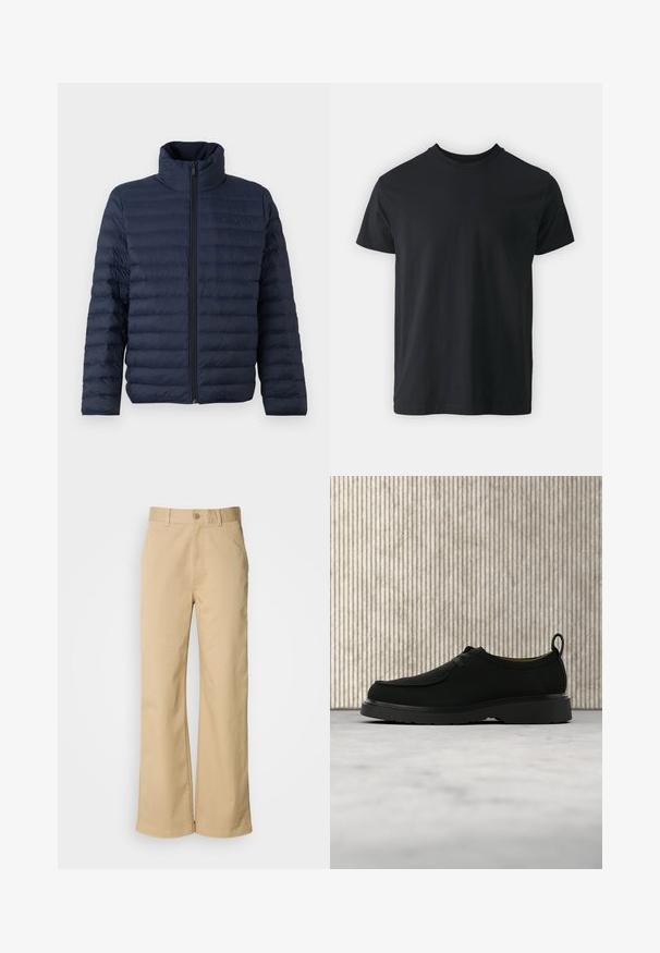 Calvin Klein CHANNELED PUFFER - Overgangsjakke - dark sapphire; Sort bomulds t-shirt med kortærmer, rund halsudskæring og en afslappet pasform. Glat tekstur og lige kant, ingen synlige grafikker eller mønstre.; Beige, vidde bukser lavet af en bomuldsblanding. Har en knaplukning og bæltestropper. Glat tekstur med minimale syninger.; Sort lædersko til fritid med snørebånd, tyk sål og træksnor, placeret i luften over beige tæppe med brunt rundt møbel i baggrunden.