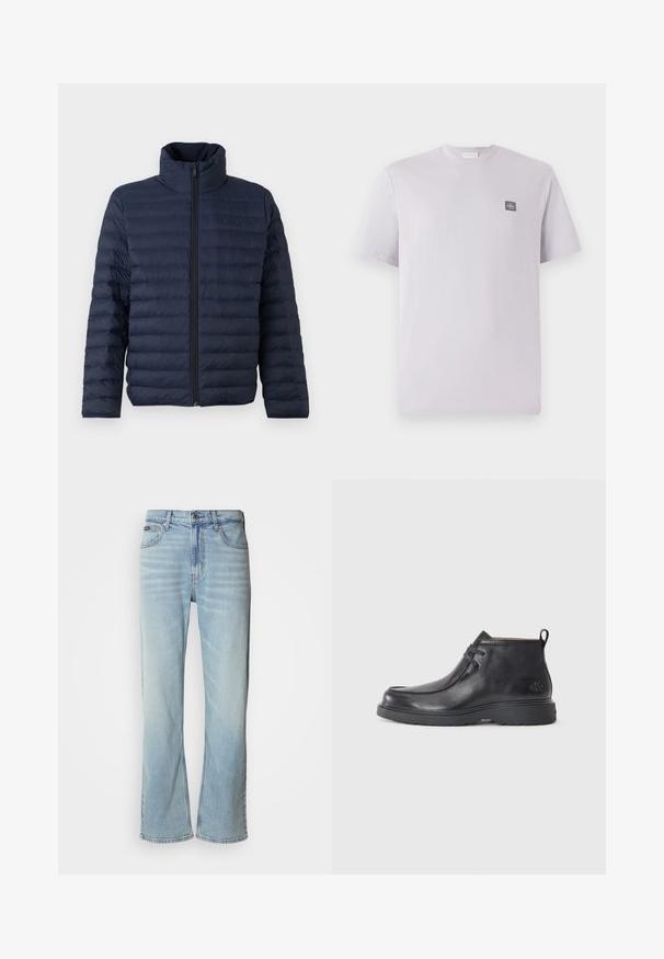 Calvin Klein CHANNELED PUFFER - Chaqueta de entretiempo - dark sapphire; Camiseta de manga corta en lavanda claro, hecha de algodón, con cuello redondo y un pequeño parche de logo oscuro en el lado izquierdo del pecho. Textura suave.; Jeans de mezclilla azul claro con corte recto, que cuentan con cinco bolsillos, un cierre de botón y un ligero desvanecimiento en la tela.; Botas de cuero negras hasta el tobillo con punta redondeada, diseño con cordones y una lengüeta en la parte trasera. Parte superior texturizada y suela de goma.