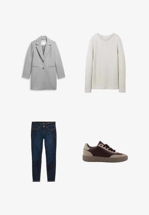 Grå uldblandingsfrakke med slagkrave, to-knaps lukning, sidelommer og lange ærmer. Glat tekstur og skræddersyet design.; Lys beige langærmet sweater med rund halsudskæring, tekstureret ribbet design og lige kant. Blødt stof med subtile striber.; Mørkeblå denim jeans med slim fit, der har orange syninger, fem lommer og en knaplukning i taljen.; Brun og beige lavt snøresko med tekstureret sål, snørebånd foran og polstret krave vist fra siden på hvid baggrund.