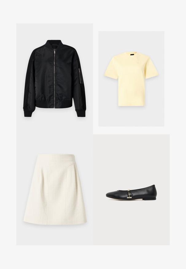 Veste bomber noire à finition satinée, avec poignets et ourlet côtelés, fermeture éclair, et un détail de poche latérale. Comprend des panneaux en tissu contrastant.; T-shirt jaune pâle à manches courtes et col rond avec un petit logo brodé sur la poitrine gauche, présenté sur un fond gris clair.; Mini-jupe trapèze texturée blanc cassé avec taille haute et coutures verticales subtiles pour la mise en forme.; Chaussure plate en cuir noir avec bout arrondi et petit détail de boucle dorée sur le côté, présentée sur un fond clair uni.