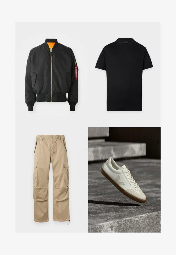 Sort bomberjakke med guld lynlås, ribbet manchetter og en orange foring. Har en sidelomme og et mærket rødt tag på ærmet.; Enkelt sort t-shirt med korte ærmer og rund halsudskæring med subtilt lille logo på brystet og en synlig mærkat ved halsen på grå baggrund.; Beige cargobukser med sidelommer med klap, knaplukning foran, elastisk linning og justerbare snore i buksebenene.; Hvide læder sneakers med tanfarvet gummisål, flade snørebånd og V-formet detalje på siden. Har en glat overflade og minimale syninger.