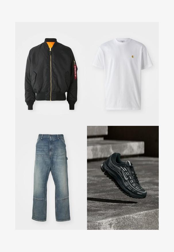 Veste bomber noire avec fermeture éclair dorée, poignets côtelés et doublure orange. Elle présente une poche latérale et une étiquette rouge de marque sur la manche.; T-shirt en coton blanc à manches courtes, col rond, avec un petit logo doré sur la poitrine gauche. Texture douce et coupe régulière.; Jean bleu clair à la coupe décontractée, fabriqué en denim. Comprend des jambes larges, de grandes poches avant et des détails de surpiqûres en contraste.; Baskets Nike Air Max noires et grises flottant au-dessus de marches en béton gris avec un fond de sol texturé.