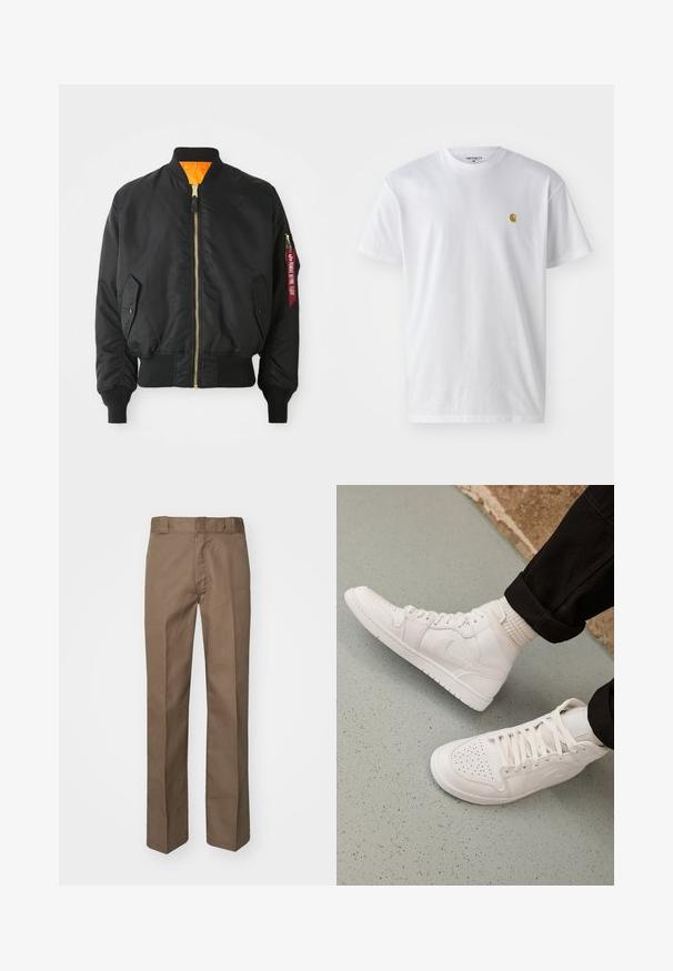 Sort bomberjakke med guld lynlås, ribbet manchetter og en orange foring. Har en sidelomme og et mærket rødt tag på ærmet.; Hvid bomulds t-shirt med korte ærmer, rund hals og et lille guld logo på venstre brystområde. Blød tekstur og almindelig pasform.; Brune bukser med flad front design, lige ben og klassisk talje. Fremstillet af holdbart stof, uden synlige mønstre eller udsmykninger.; Hvide høj-top sneakers lavet af glat læder med perforeret tå, snørelukning og subtil logo detaljer på siden. Tekstureret gummisål.