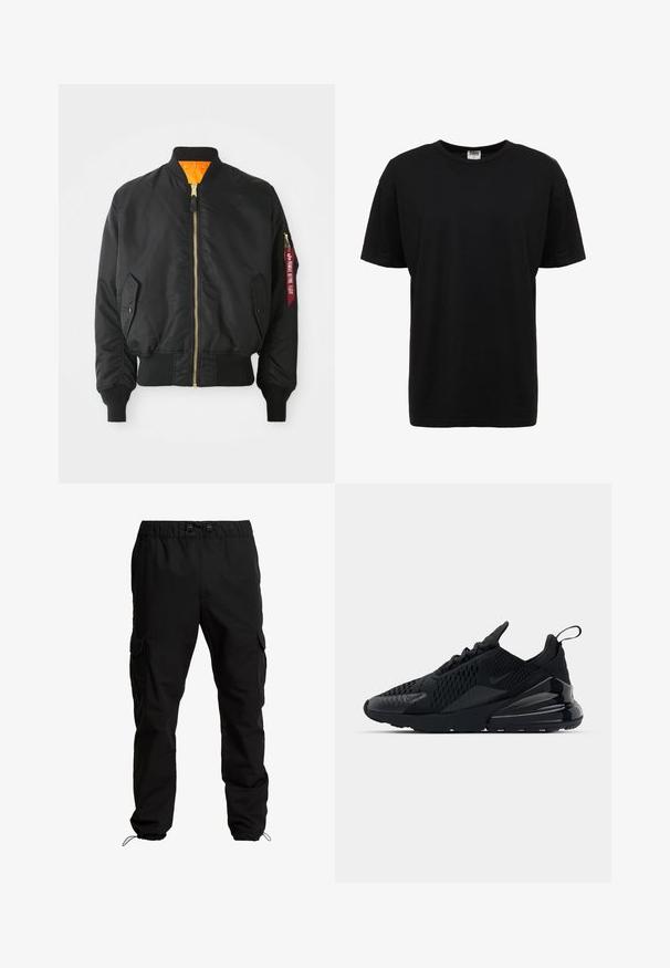 Sort bomberjakke med guld lynlås, ribbet manchetter og en orange foring. Har en sidelomme og et mærket rødt tag på ærmet.; Sort bomulds t-shirt med rund hals, korte ærmer, standard pasform, glat tekstur og ingen synlige mønstre eller detaljer.; Sorte cargobukser lavet af slidstærkt stof, med elastisk talje, justerbare snore og sidelommer med klaplukninger.; Sorte Nike Air Max 270 sneakers med en struktureret overdel, mesh-paneler og en blank hæl med en fremtrædende luftdæmpningsenhed.