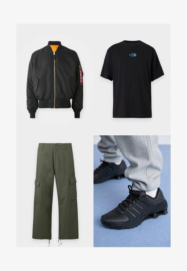 Sort bomberjakke med guld lynlås, ribbet manchetter og en orange foring. Har en sidelomme og et mærket rødt tag på ærmet.; Sort bomuld T-shirt med rund halsudskæring og korte ærmer, med en turkis logo af "The North Face" på brystet.; Olivengrønne cargobukser med sidelommer med klap, knaplukning, bæltestropper og justerbare snore i de brede bukseben.; Person iført sorte Nike Shox sneakers og grå joggingbukser, der står på lyseblåt tæppe.