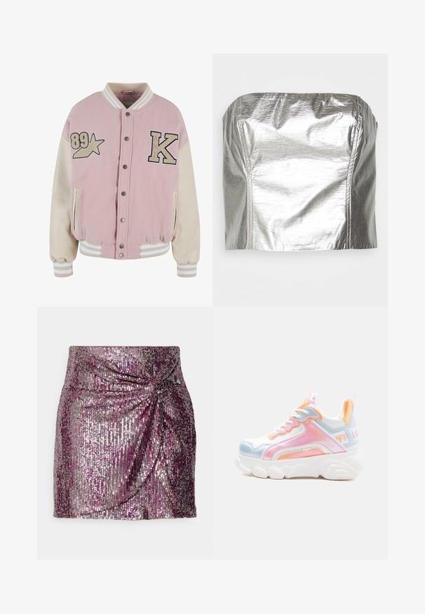 Karl Kani RETRO PATCH STAR OS COLLEGE - Bomberjacke - rose lightsand; Gina Tricot TUBE - Top - silver-coloured; Pailletten-Minirock mit einem lila und silbernen Farbverlauf, der ein drapiertes Vorderdesign und eine enganliegende Silhouette aufweist. Glatte Textur und schimmernde Optik.; Klobiger weißer Sneaker mit pastellrosa, blau und orange Akzenten, dicker Sohle, Schnürverschluss vorne und gebrandetem Fersenlaschen.