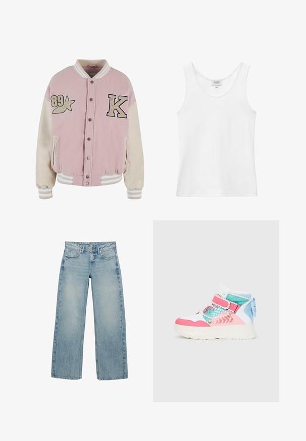 Karl Kani RETRO PATCH STAR OS COLLEGE - Bomberjakke - rose lightsand; Hvid ribstrikket ærmeløs top med rund halsudskæring og mærke på bagsiden indeni kraven.; Lyseblå jeans med lige ben, frontknapper, bæltestropper og lommer, med en subtil falmet og krøllet denimtekstur.; Hvid højtop sneaker med lyserøde, turkise og blå accenter, dekorative perler, en søstjernevedhæng og en blå sløjfe på hælen.